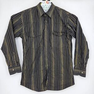 Walls Ranch Wear‎ Shirt Mens Medium Pearl Snap Long Sleeve Black Gold Striped